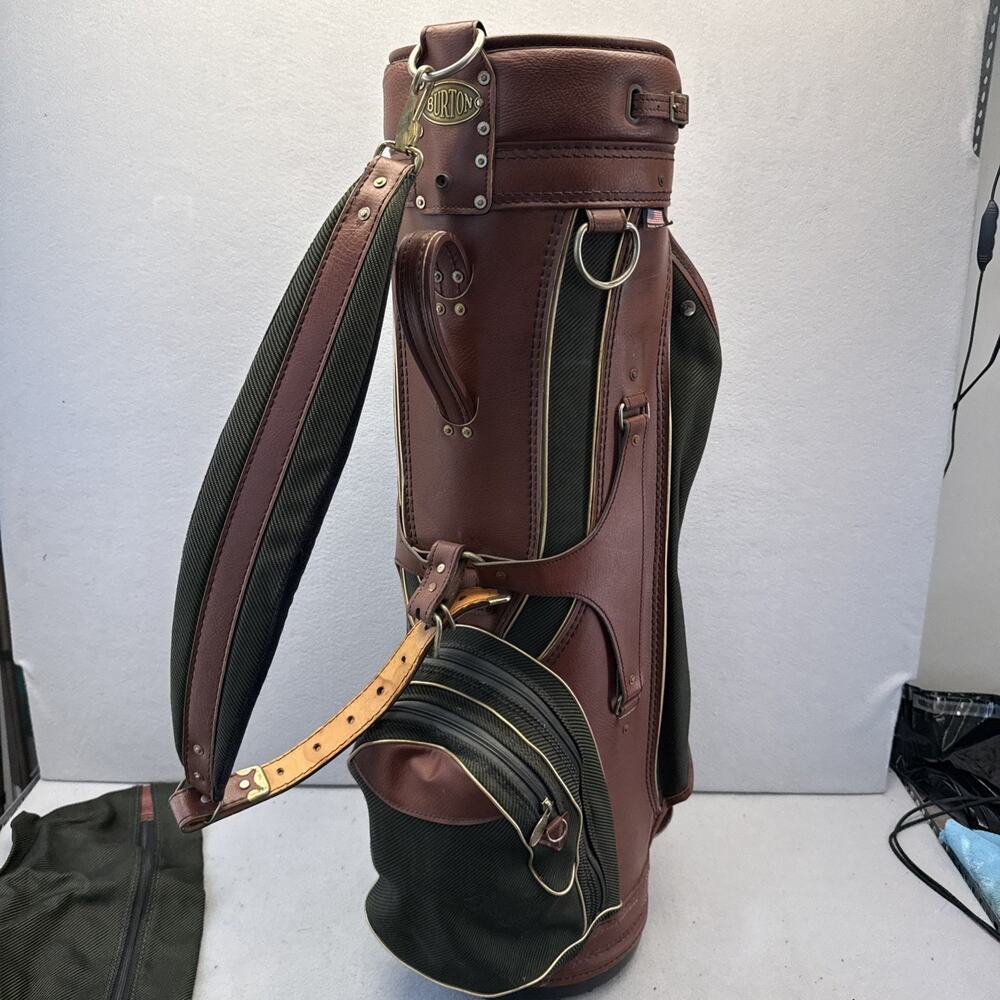 Vintage Burton Golf Bag Green canvas Brown Leather Bag USA With Rain Hood 6 Way